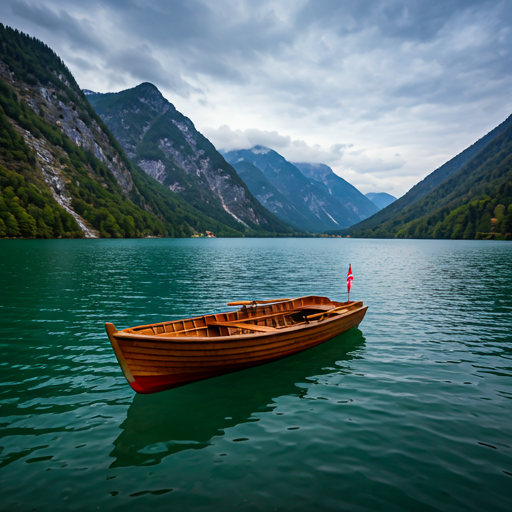 A wooden boat on a quiet alpine lake, surrounded by mountains