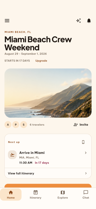 The redesigned Leave trip dashboard with a Miami itinerary, travelers, and shared trip tools
